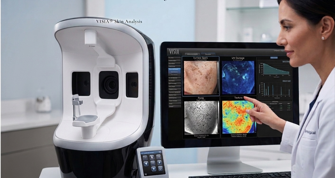 VISIA Skin Analysis machine showing a 3D facial model